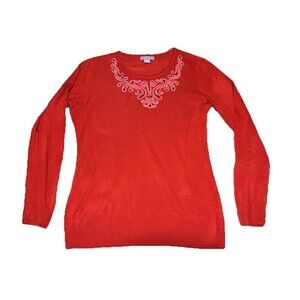Laura Scott Womens Long Sleeve Sweater Top M Pullover Embroidered Neckline Knit